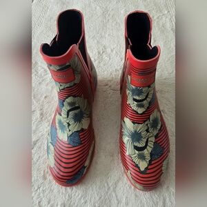 London Fog Piccadilly Red Striped Floral Print Rubber Chelsea Rain Boots Size 7